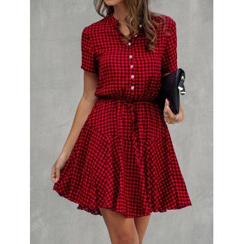 Vintage Dress Plaid Print Dress Tied Stand Collar High Waist A Line Mini Summer Dress