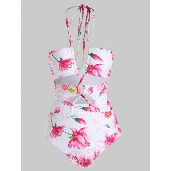 

Beach One-piece Swimsuit Floral Print Swimwear Cut Out Open Back Cinched Halter Summer Vacation Bathing Suit, White