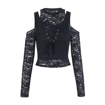 

Gothic Two Piece Set Lace Up Crop Tank Top And Cold Shoulder Long Sleeve Flower Lace T Shirt, Black