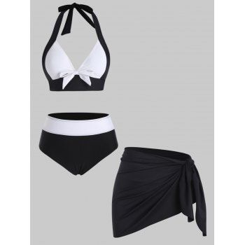 

Contrast Colorblock Tankini Swimsuit Bowknot Halter Top High Waist Bottom Tied Sarong Summer Three Piece Swimwear Set, Black