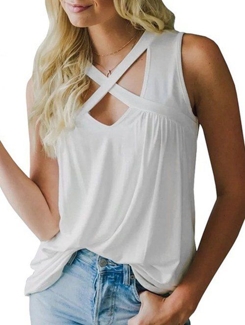 Crossover  V Neck Ruched Tank Top Solid Color Casual Summer Top - WHITE M