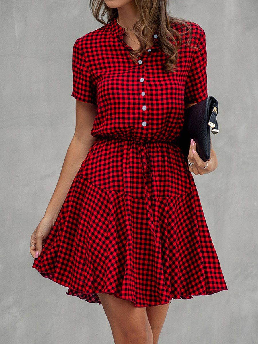 Vintage Dress Plaid Print Dress Tied Stand Collar High Waist A Line Mini Summer Dress - RED XL