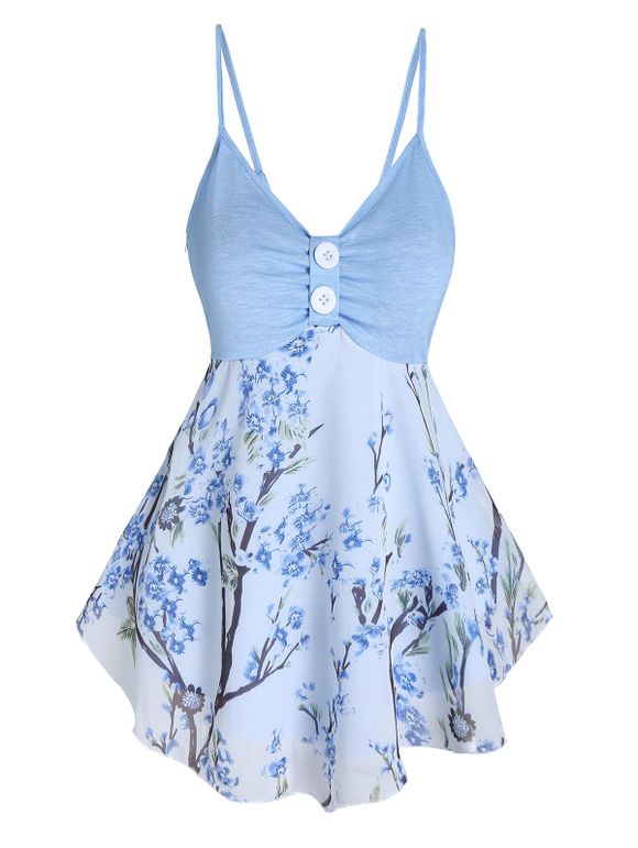 Haut Camisole à Imprimé Floral et Empiècements en Mousseline de Soie Style Corset - Bleu clair XXXL