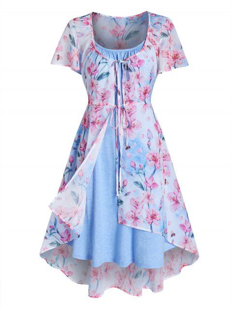 Flower Print Bowknot Tie Asymmetric Chiffon Dress And Space Dye Print Mini Dress Two Piece Set