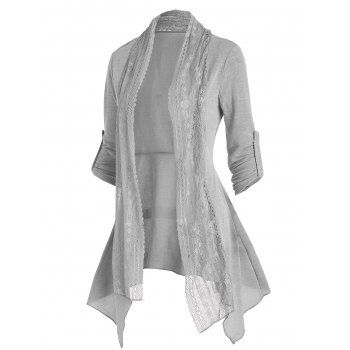 

Knit Floral Lace Cardigan Draped Panel Open Front Long Heathered Top, Light gray
