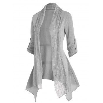 Knit Floral Lace Cardigan Draped Panel Open Front Long Heathered Top
