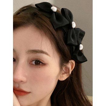 

Heart Shape Artificial Pearl Bowknot Embellishment Hoop Headband, Black