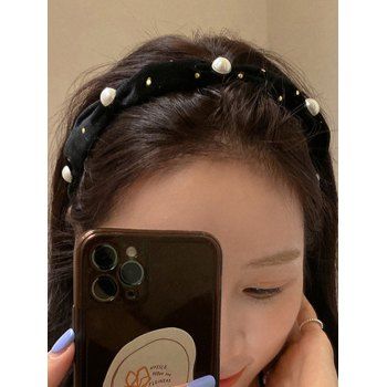 Fashion Women's Hair Accessories Vintage Artificial Pearl Golden Embellishment Velvet Hoop Headband Black