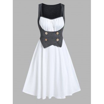 Faux Twinset Dress Colorblock Mini Dress Mock Button Ruched Bust A Line Dress