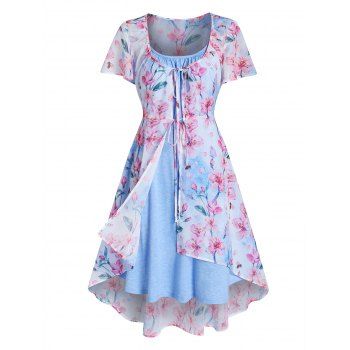 

Flower Print Bowknot Tie Asymmetric Chiffon Dress And Space Dye Print Mini Dress Two Piece Set, Light blue