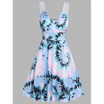 

Vacation Casual Dress Tie Dye Print Lace Panel Surplice High Waist Sleeveless A Line Midi Summer Dress, Light blue