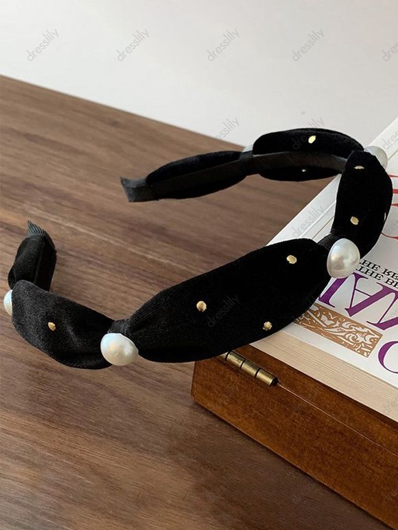 Bandeau pour Cheveux en Velours Orné de Perles Fantaisies et Strass Style Vintage - Noir 