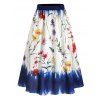 Solid Color Lace Panel Draped Tank Top and Leaf Floral Print Elastic Waist A Line Midi Skirt Two Piece Summer Casual Outfit - BLUE M