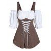 Summer Contrast Faux Twinset Top Lace Up Corset  Style Twofer Top Cold Shoulder Ruffles 2 In 1 Top - DEEP COFFEE XXXL