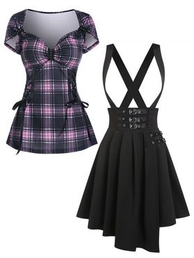 Plaid Rivet Embellished Lace Up Corset Style T Shirt And Oval Buckles Wide Waist Back Crisscross Straps Romper Skirt Outfit
