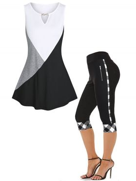 Chain Cut Out Contrast Colorblock Tank Top And Plaid High Waist Capri Leggings Summer Outfit