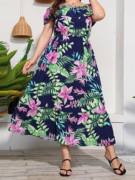 Plus Size Dress Tropical Flower Leaf Print Vacation Dress Off The Shoulder Flounce Curve Maxi Dress