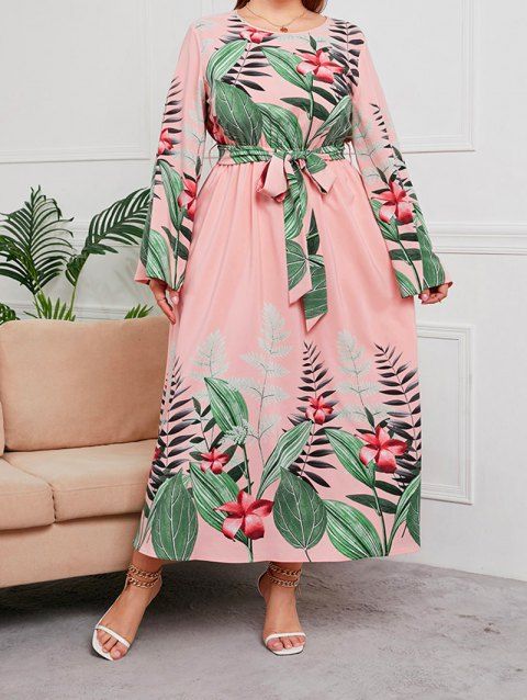 Plus Size Dress Tropical Flower Leaf Print Tee Dress Long Sleeve Belted Curve Maxi Dress