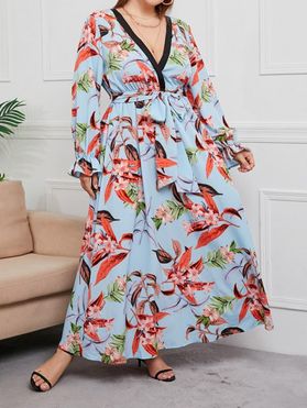 Plus Size Dress Allover Flower Leaf Print Vacation Dress Plunging Neck Long Sleeve Belt Maxi Dress