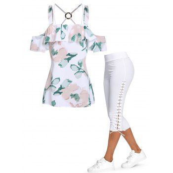 

Cut Out O ring Cold Shoulder Ink Painting T shirt And Lace Up Capri Leggings Summer Outfit, Multicolor