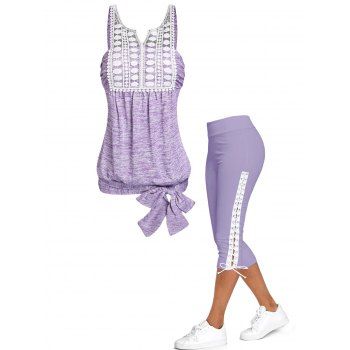 

Space Dye Print Guipure Splicing Bowknot Tank Top and Lace Up Skinny Crop Leggings Summer Casual Outfit, Light purple