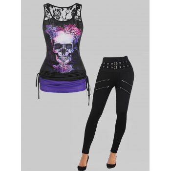 

Gothic Contrast Colorblock Skull Floral Print Cinched Lace Insert Tank Top and Zipper Grommet High Rise Skinny Pants Summer Casual Outfit, Multicolor