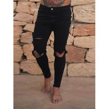 

Distressed Ripped Jeans Zip Fly Long Straight Destroy Wash Casual Denim Pants, Black