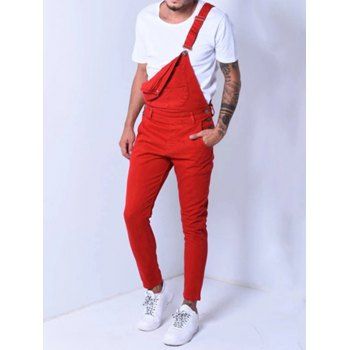 

Multi Pockets Metal Buttons Casual Denim Overalls, Red