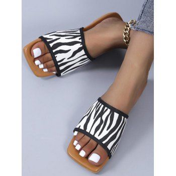 

Outdoor Sandals Zebra Print Square Toe Flat Slide Slip On Summer Sandals, Black