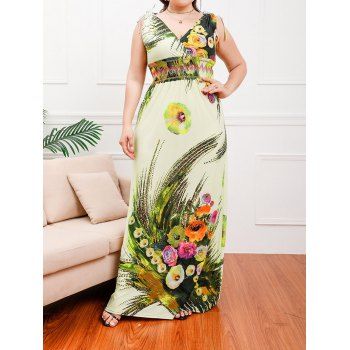 

Plus Size Dress Bohemian Dress Floral Printed Cinched High Waist Plunging Neck A Line Maxi Summer Dress, Light yellow