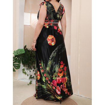 Plus Size & Curve Dress Flower Print Plunging Neck Maxi Dress Surplice Cinched Tie Empire Waist Dress