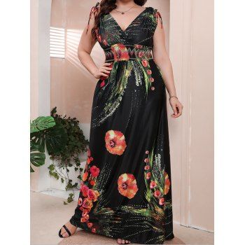 

Plus Size & Curve Dress Flower Print Plunging Neck Maxi Dress Surplice Cinched Tie Empire Waist Dress, Black