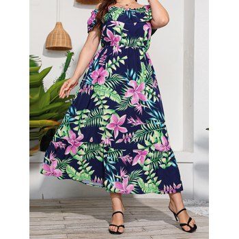 

Plus Size Dress Tropical Flower Leaf Print Vacation Dress Off The Shoulder Flounce Curve Maxi Dress, Multicolor