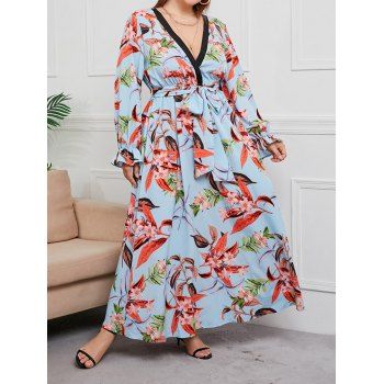 

Plus Size Dress Allover Flower Leaf Print Vacation Dress Plunging Neck Long Sleeve Belt Maxi Dress, Light blue