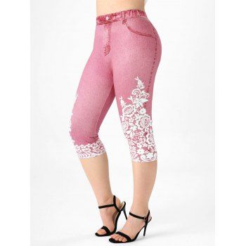 

Plus Size 3D Denim Lace Print Capri Jeggings, Light pink