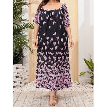 

Plus Size Dress Flower Print Dress Half Sleeve Scoop Neck Shift Maxi Summer Casual Dress, Multicolor