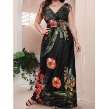 dresslily Plus Size & Curve Dress Flower Print Plunging Neck Maxi Dress Surplice Cinched Tie Empire Waist Dress