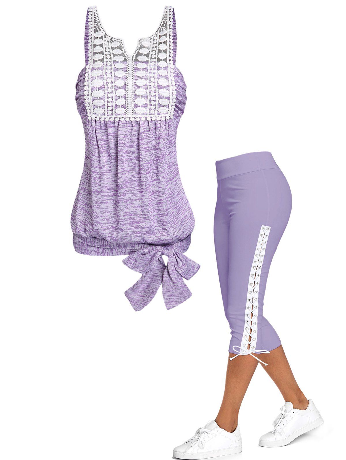 Space Dye Print Guipure Splicing Bowknot Tank Top and Lace Up Skinny Crop Leggings Summer Casual Outfit - LIGHT PURPLE S