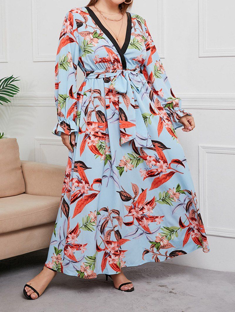 Plus Size Dress Allover Flower Leaf Print Vacation Dress Plunging Neck Long Sleeve Belt Maxi Dress - LIGHT BLUE 2XL