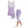 Space Dye Print Guipure Splicing Bowknot Tank Top and Lace Up Skinny Crop Leggings Summer Casual Outfit - LIGHT PURPLE S