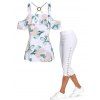 Cut Out O ring Cold Shoulder Ink Painting T shirt And  Lace Up Capri Leggings Summer Outfit - multicolor S
