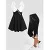 Two Tone Tie Shoulder Mock Button Flare Tank Top and High Waisted Lace Applique Capri Leggings Summer Casual Outfit - BLACK S