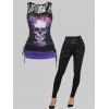Gothic Contrast Colorblock Skull Floral Print Cinched Lace Insert Tank Top and Zipper Grommet High Rise Skinny Pants Summer Casual Outfit - multicolor S