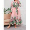 Plus Size Dress Tropical Flower Leaf Print Tee Dress Long Sleeve Belted Curve Maxi Dress - LIGHT PINK 2XL