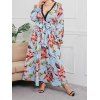 Plus Size Dress Allover Flower Leaf Print Vacation Dress Plunging Neck Long Sleeve Belt Maxi Dress - LIGHT BLUE 2XL