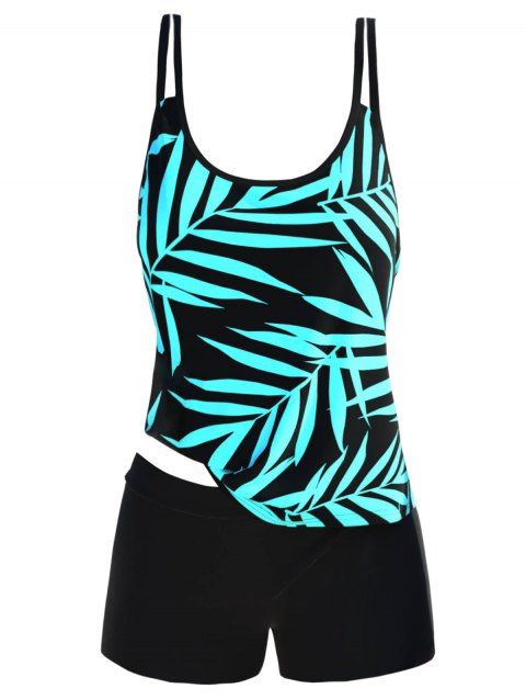 Modest Tankini Swimsuit Tropical Leaf Print Swimwear Dual Strap Padded Boyshorts Summer Beach Bathing Suit