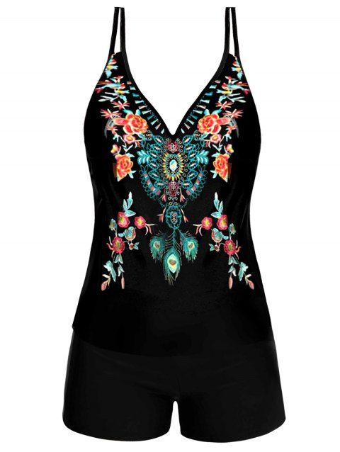 Bohemian Tankini Swimsuit Flower Print Modest Swimwear Padded Dual Strap Padded Boyshorts Summer Beach Bathing Suit