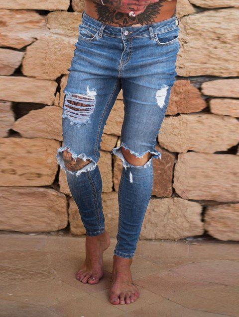 Distressed Ripped Jeans Zip Fly Long Straight Destroy Wash Casual Denim Pants