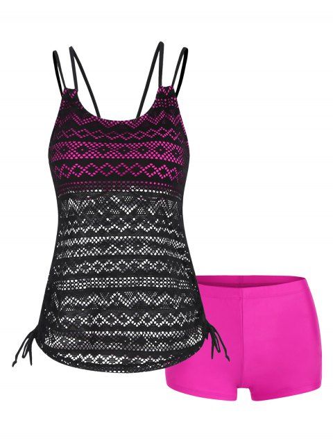 Modest Tankini Swimsuit Crochet Bathing Suit Crisscross Cinched Hollow Out Boyleg Dual Strap Swimwear Set