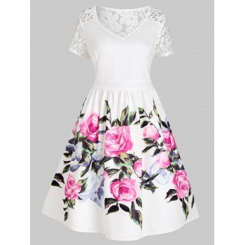 

Plus Size Dress Knee Length High Waist Dress Rose Print Lace Panel A Line Dress, White